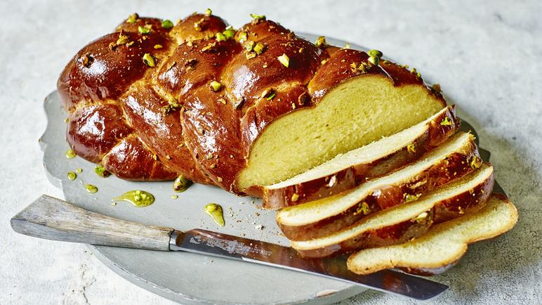 Orange blossom and pistachio plaited loaf