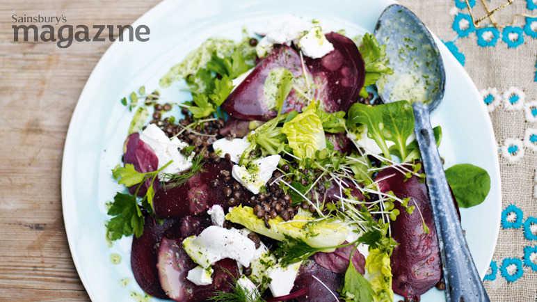 Puy lentil, goats' cheese and beetroot salad