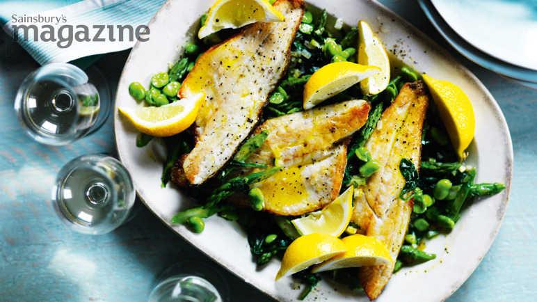 Sea bass with asparagus, broad beans and spinach