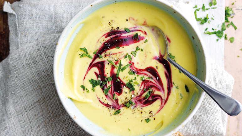 Sweet potato soup with blackberry and basil sauce