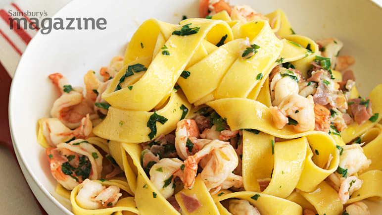 Tagliatelle with Prawns, Parma Ham and Parsley | Sainsbury's Recipes